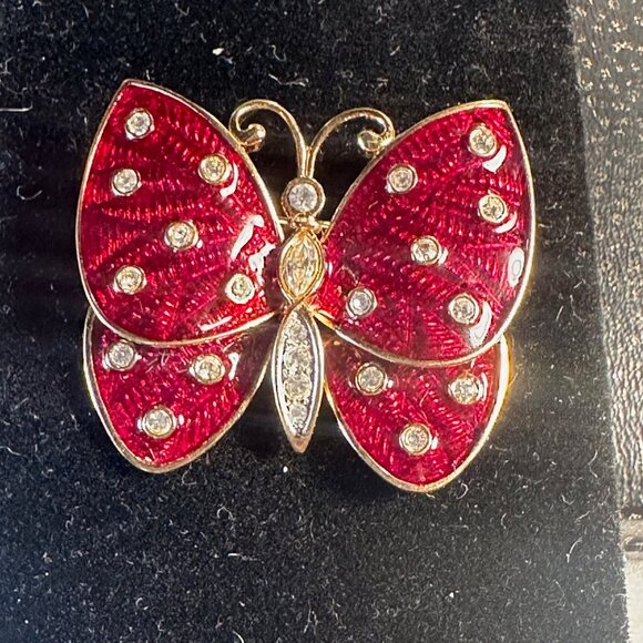 Vintage Judith Leiber, Swarovski Crystals Red Enamel, Gold Butterfly Brooch - Picture 9 of 9